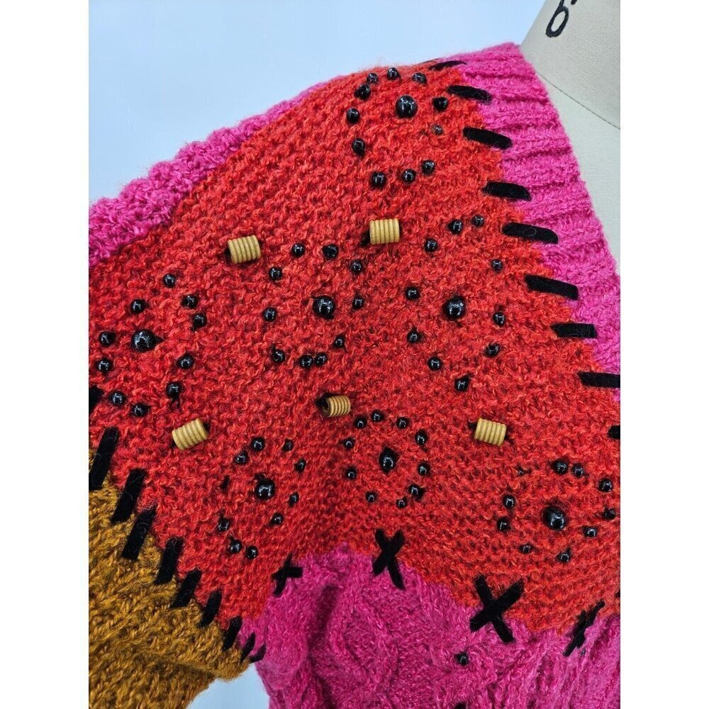 Vtg Deadstock Sideffects V Neck Sweater Womens S Beaded Pink Wool Blend - Picture 4 of 9